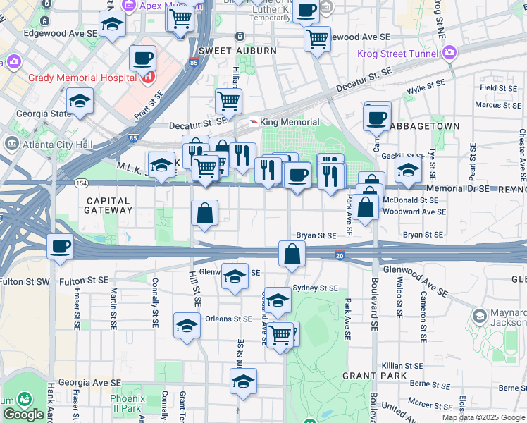 map of restaurants, bars, coffee shops, grocery stores, and more near 335 Oakland Avenue Southeast in Atlanta