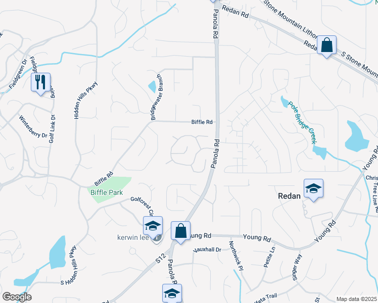 map of restaurants, bars, coffee shops, grocery stores, and more near 5417 Biffle Way in Stone Mountain