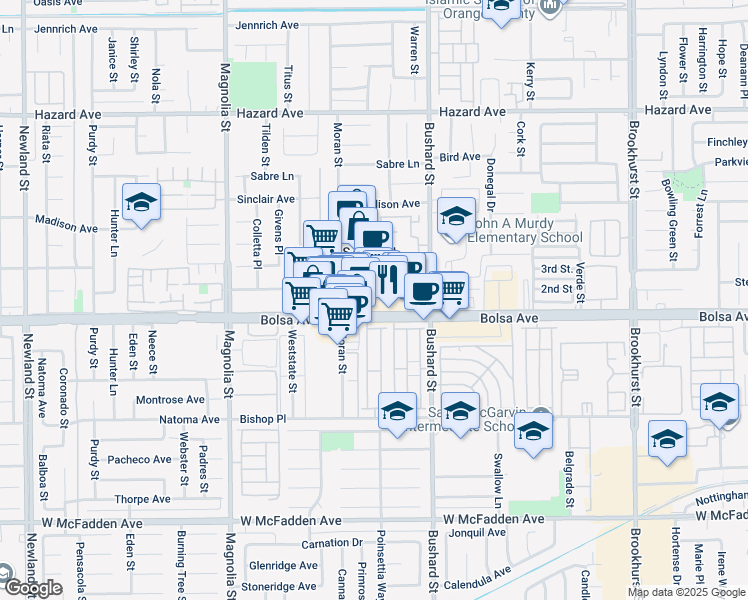 map of restaurants, bars, coffee shops, grocery stores, and more near 9345 Bolsa Avenue in Westminster