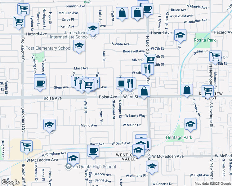 map of restaurants, bars, coffee shops, grocery stores, and more near 14952 Starboard Street in Garden Grove