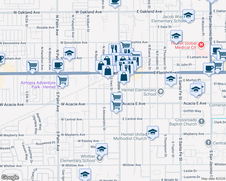 map of restaurants, bars, coffee shops, grocery stores, and more near 127 West Kimball Avenue in Hemet