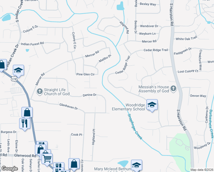 map of restaurants, bars, coffee shops, grocery stores, and more near 4374 Cedar Ridge Trail in Stone Mountain