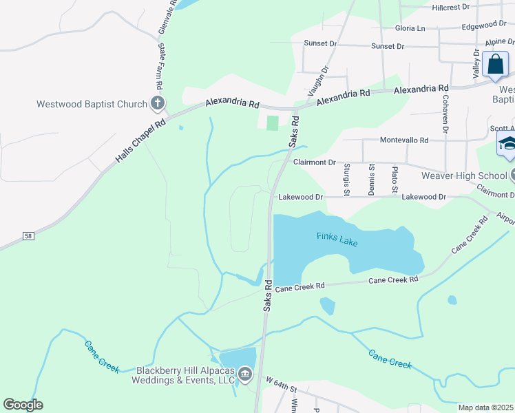 map of restaurants, bars, coffee shops, grocery stores, and more near 36 Lone Oak Drive in Weaver