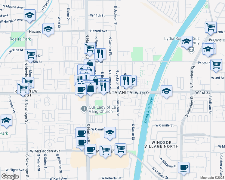 map of restaurants, bars, coffee shops, grocery stores, and more near 3521 W 1st St in Santa Ana