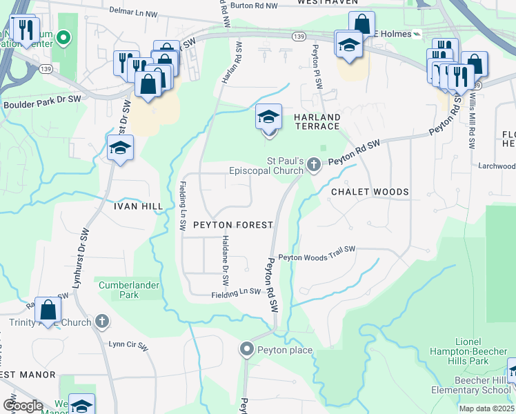 map of restaurants, bars, coffee shops, grocery stores, and more near 2814 Chaucer Drive Southwest in Atlanta