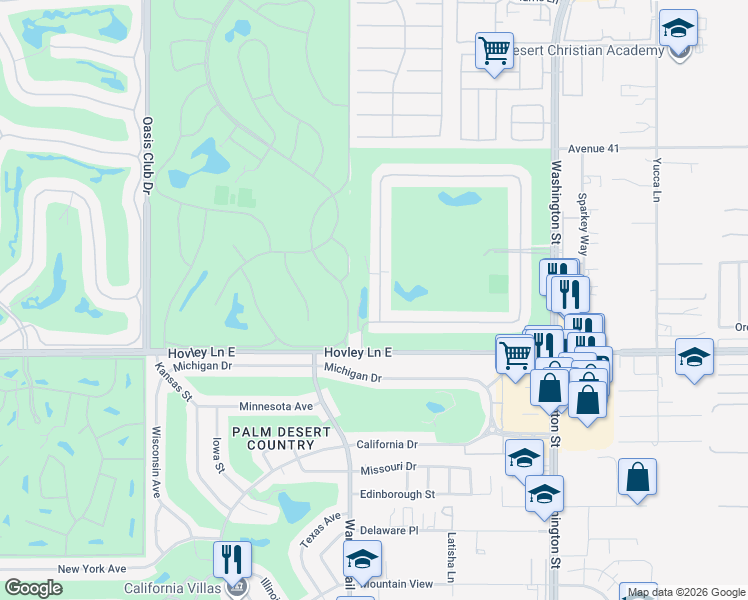 map of restaurants, bars, coffee shops, grocery stores, and more near 41721 Woodhaven Drive West in Palm Desert
