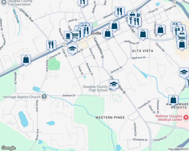 map of restaurants, bars, coffee shops, grocery stores, and more near 8650 Bowden Street in Douglasville