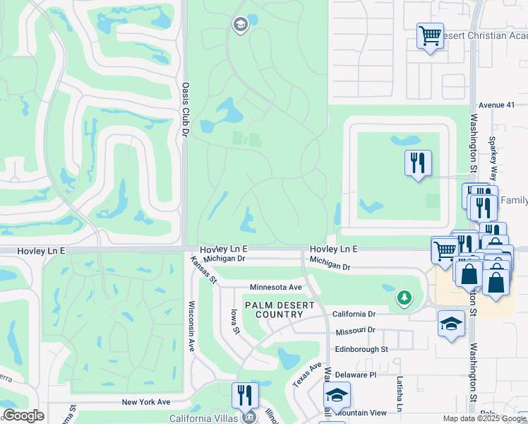 map of restaurants, bars, coffee shops, grocery stores, and more near 41957 Preston Trail in Palm Desert
