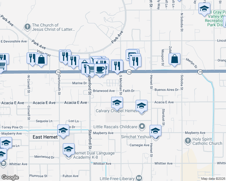 map of restaurants, bars, coffee shops, grocery stores, and more near 41919 Briarwood Avenue in Hemet