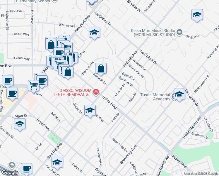 map of restaurants, bars, coffee shops, grocery stores, and more near 1541 Kenneth Drive in Santa Ana
