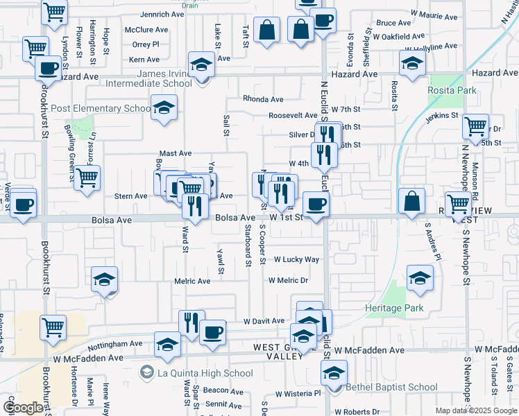 map of restaurants, bars, coffee shops, grocery stores, and more near 14952 Starboard Street in Garden Grove