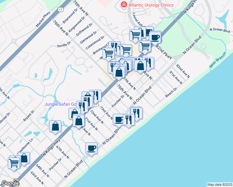 map of restaurants, bars, coffee shops, grocery stores, and more near 406 75th Avenue North in Myrtle Beach