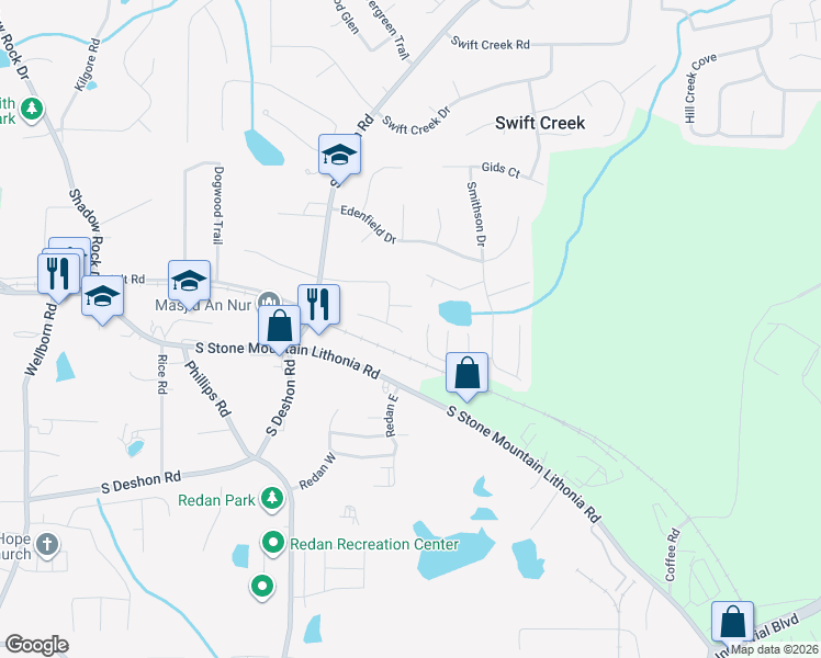 map of restaurants, bars, coffee shops, grocery stores, and more near 6376 Pawleys Isle in Lithonia