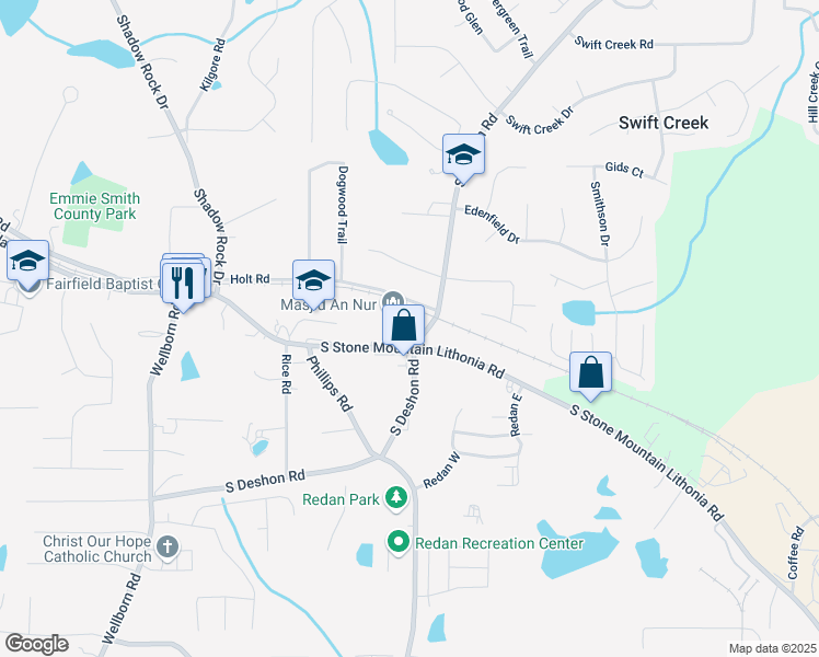 map of restaurants, bars, coffee shops, grocery stores, and more near 2000 South Stone Mountain Lithonia Road in Lithonia