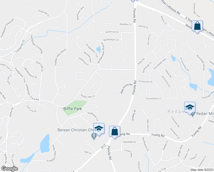 map of restaurants, bars, coffee shops, grocery stores, and more near 5339 Biffle Downs Road in Stone Mountain