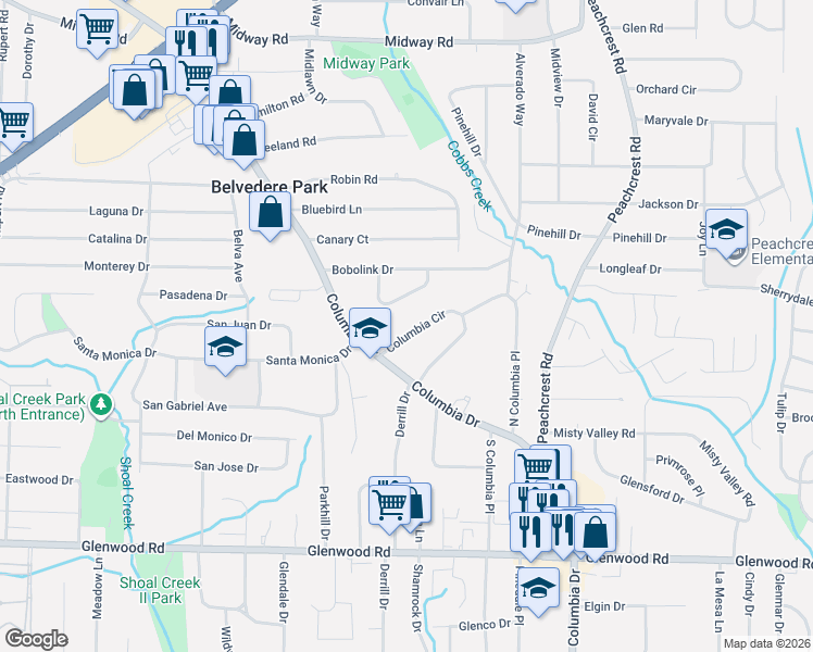 map of restaurants, bars, coffee shops, grocery stores, and more near 1545 Columbia Circle in Decatur
