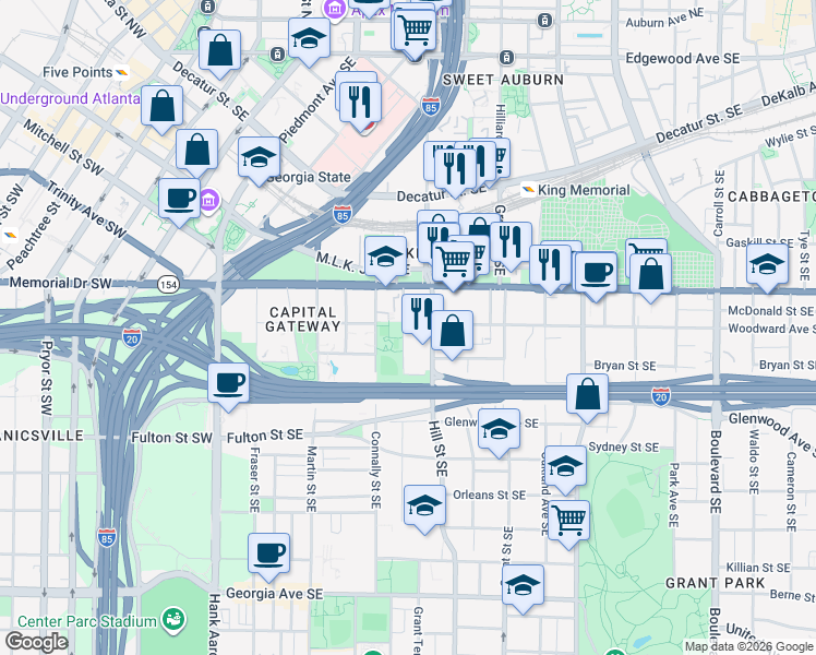 map of restaurants, bars, coffee shops, grocery stores, and more near 341 Kelly Street Southeast in Atlanta