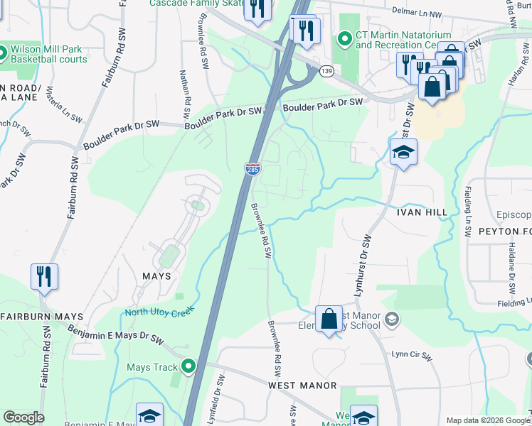 map of restaurants, bars, coffee shops, grocery stores, and more near 400 Brownlee Road Southwest in Atlanta