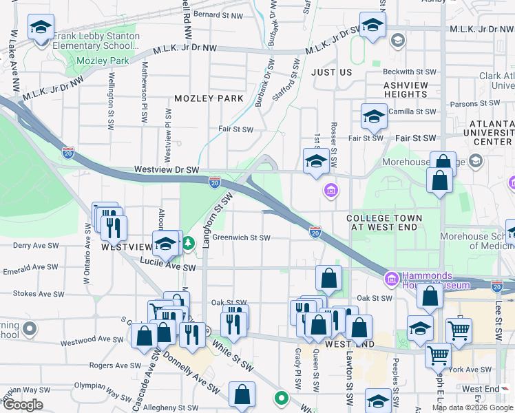 map of restaurants, bars, coffee shops, grocery stores, and more near 1265 Sells Avenue Southwest in Atlanta