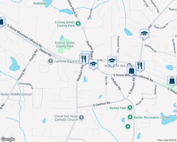 map of restaurants, bars, coffee shops, grocery stores, and more near 1833 South Stone Mountain Lithonia Road in Lithonia
