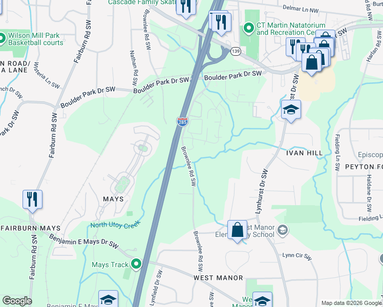 map of restaurants, bars, coffee shops, grocery stores, and more near 400 Brownlee Road Southwest in Atlanta