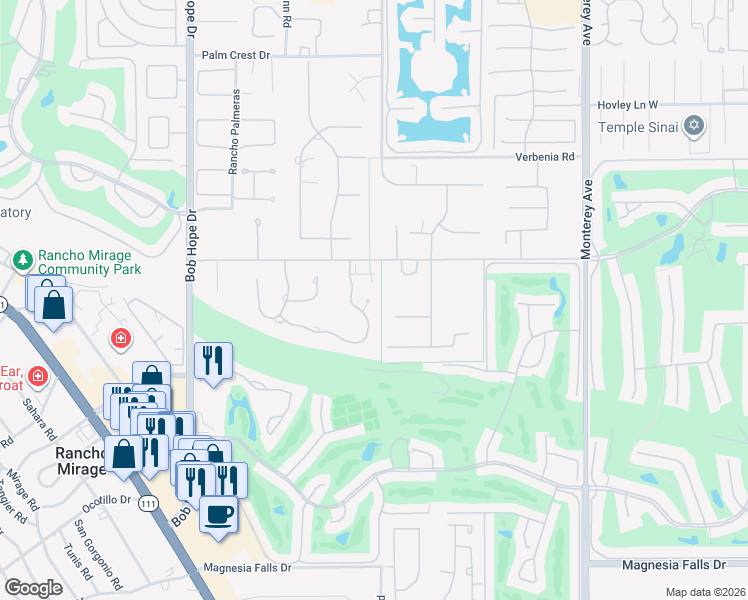 map of restaurants, bars, coffee shops, grocery stores, and more near 32 Clancy Lane Estates in Rancho Mirage