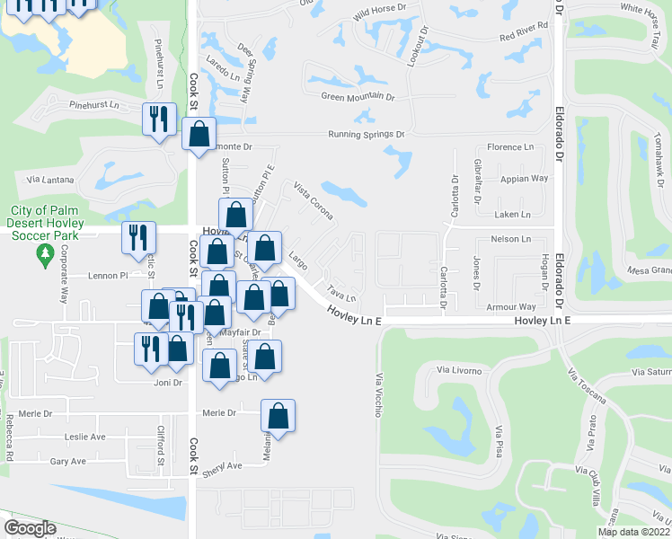 map of restaurants, bars, coffee shops, grocery stores, and more near 307 Tava Lane in Palm Desert