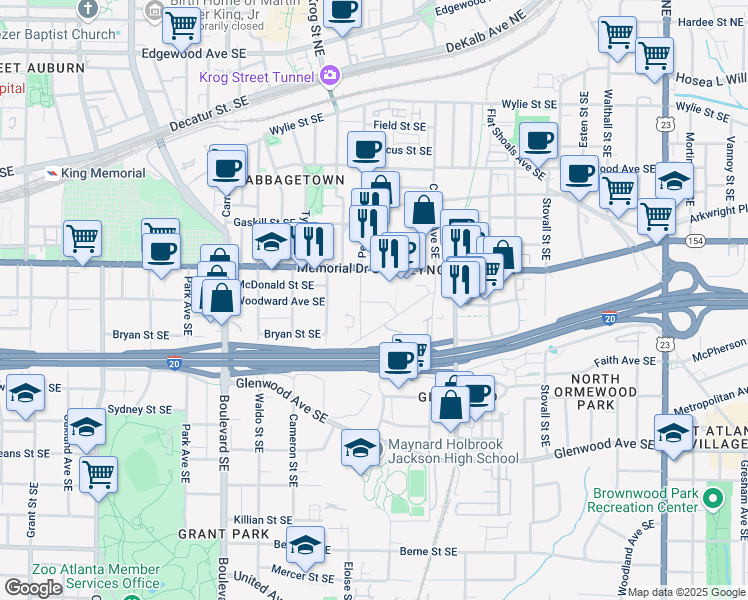 map of restaurants, bars, coffee shops, grocery stores, and more near 767 Memorial Drive Southeast in Atlanta