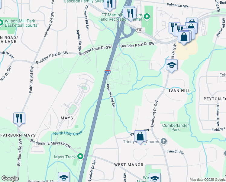 map of restaurants, bars, coffee shops, grocery stores, and more near 400 Brownlee Road Southwest in Atlanta