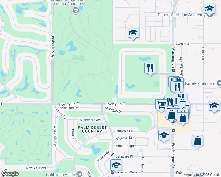 map of restaurants, bars, coffee shops, grocery stores, and more near 41785 Preston Trail in Palm Desert