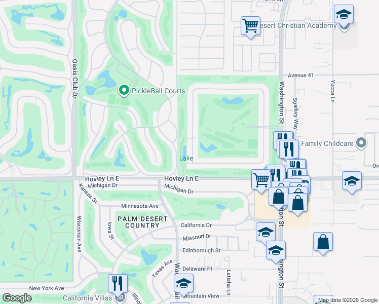 map of restaurants, bars, coffee shops, grocery stores, and more near 41721 Woodhaven Drive West in Palm Desert