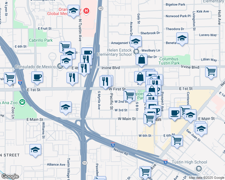 map of restaurants, bars, coffee shops, grocery stores, and more near 600 West First Street in Tustin