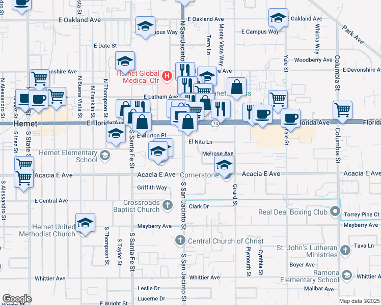 map of restaurants, bars, coffee shops, grocery stores, and more near 160 South San Jacinto Street in Hemet