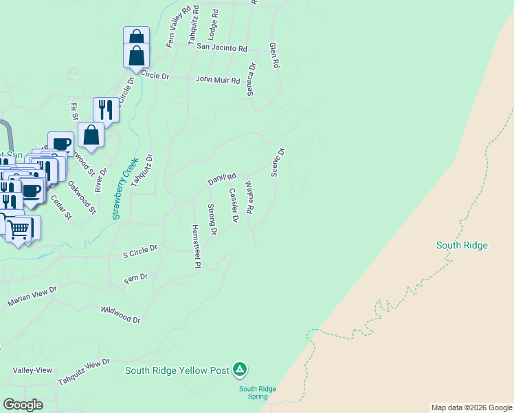 map of restaurants, bars, coffee shops, grocery stores, and more near 25890 Wayne Road in Idyllwild-Pine Cove