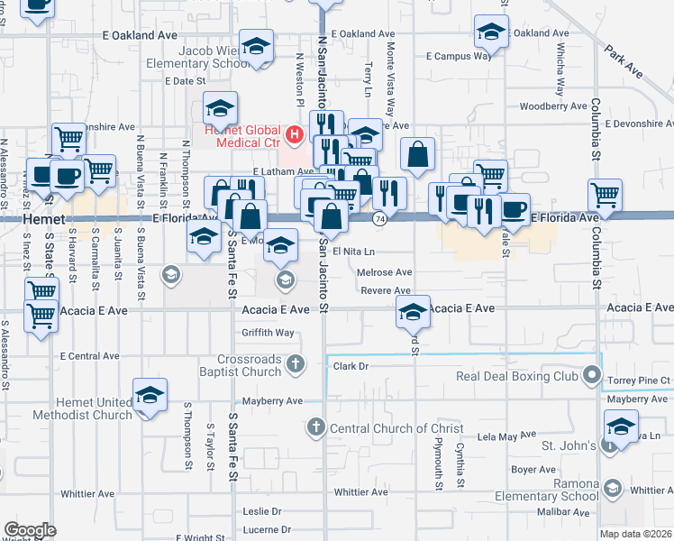 map of restaurants, bars, coffee shops, grocery stores, and more near 160 South San Jacinto Street in Hemet
