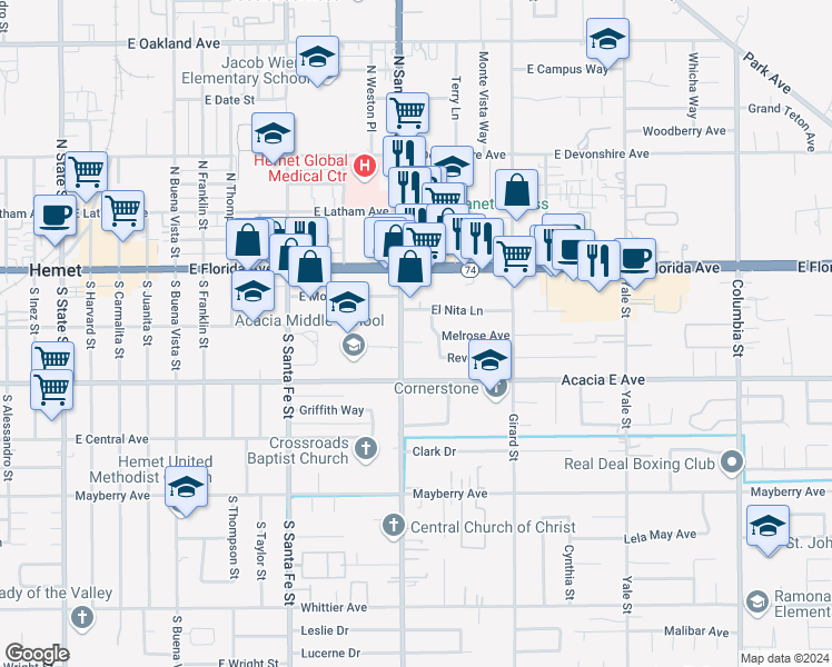 map of restaurants, bars, coffee shops, grocery stores, and more near 160 South San Jacinto Street in Hemet