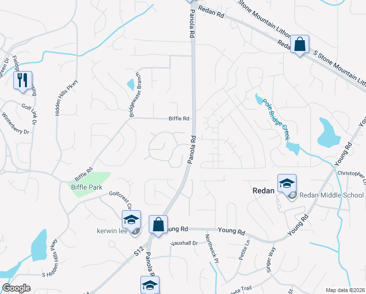 map of restaurants, bars, coffee shops, grocery stores, and more near 5449 Biffle Downs Road in Stone Mountain