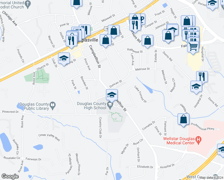 map of restaurants, bars, coffee shops, grocery stores, and more near 8652 Campbellton Street in Douglasville