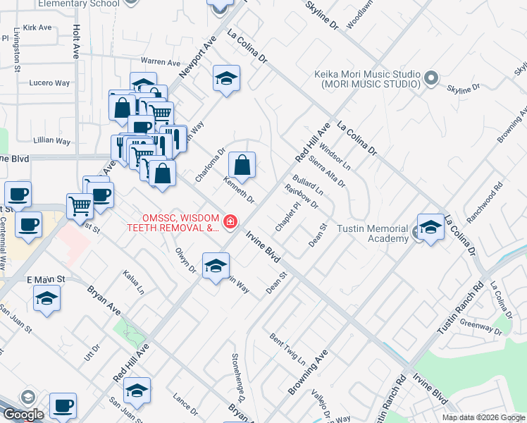 map of restaurants, bars, coffee shops, grocery stores, and more near 1541 Kenneth Drive in Santa Ana