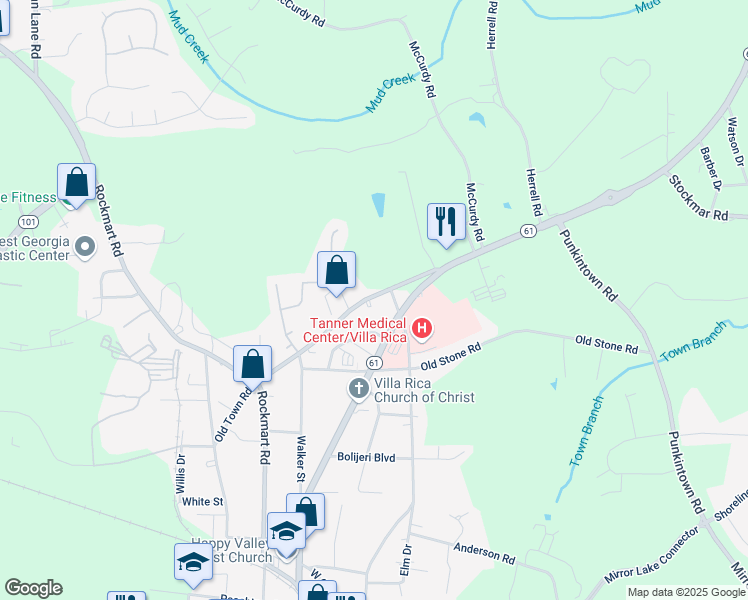 map of restaurants, bars, coffee shops, grocery stores, and more near 651 Old Town Road in Villa Rica