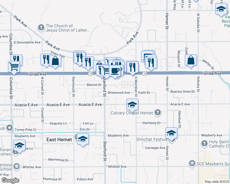 map of restaurants, bars, coffee shops, grocery stores, and more near 41834 Briarwood Avenue in Hemet