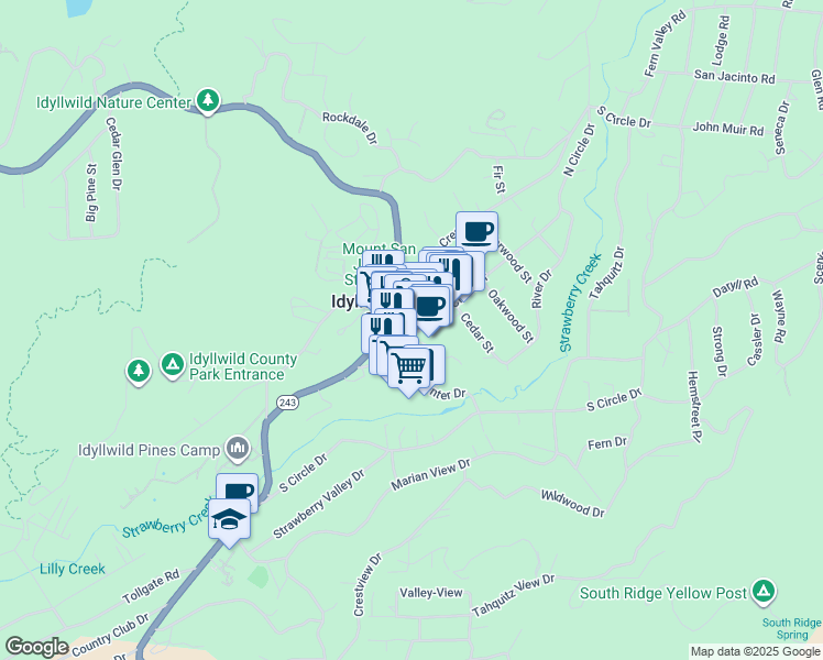 map of restaurants, bars, coffee shops, grocery stores, and more near 54274 North Circle Drive in Idyllwild-Pine Cove