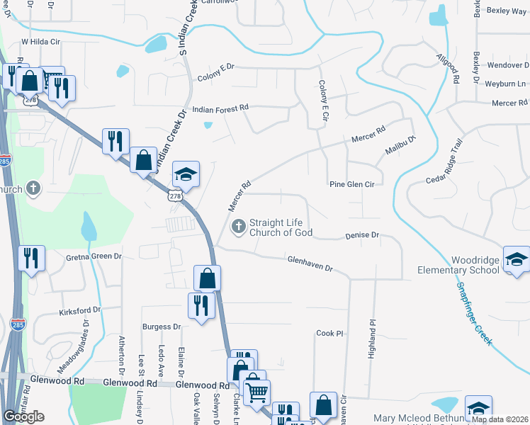 map of restaurants, bars, coffee shops, grocery stores, and more near 4275 Hidden Valley Road in Decatur