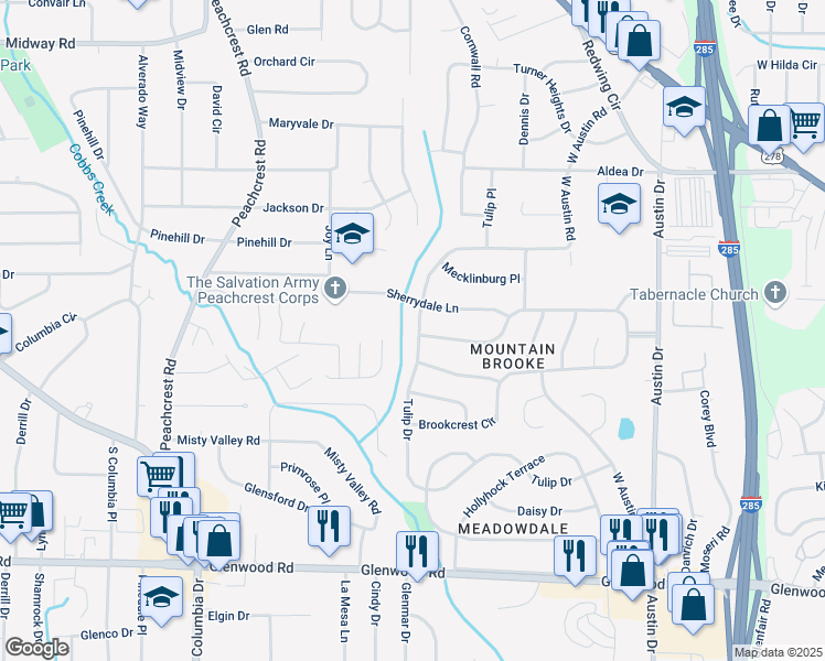 map of restaurants, bars, coffee shops, grocery stores, and more near 3401 Tulip Drive in Decatur