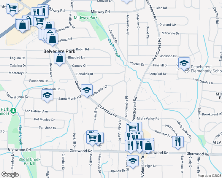 map of restaurants, bars, coffee shops, grocery stores, and more near 1603 Columbia Cir in Decatur