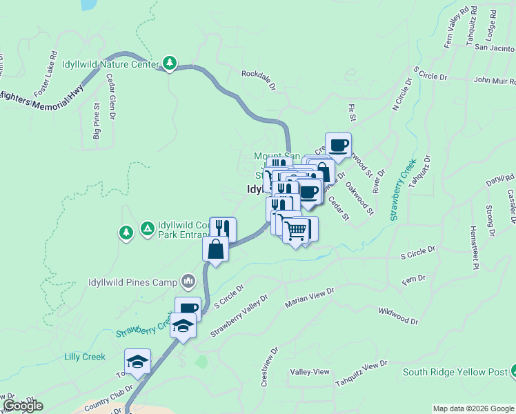 map of restaurants, bars, coffee shops, grocery stores, and more near 25955 California 243 in Idyllwild-Pine Cove
