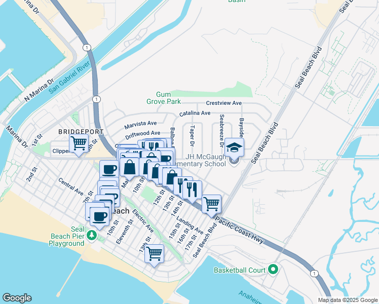 map of restaurants, bars, coffee shops, grocery stores, and more near 609 Taper Drive in Seal Beach