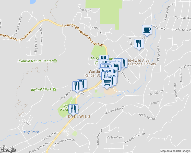 map of restaurants, bars, coffee shops, grocery stores, and more near 25955 California 243 in Idyllwild-Pine Cove
