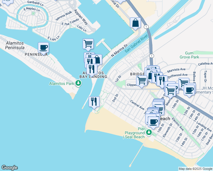map of restaurants, bars, coffee shops, grocery stores, and more near 208 Ocean Place in Seal Beach