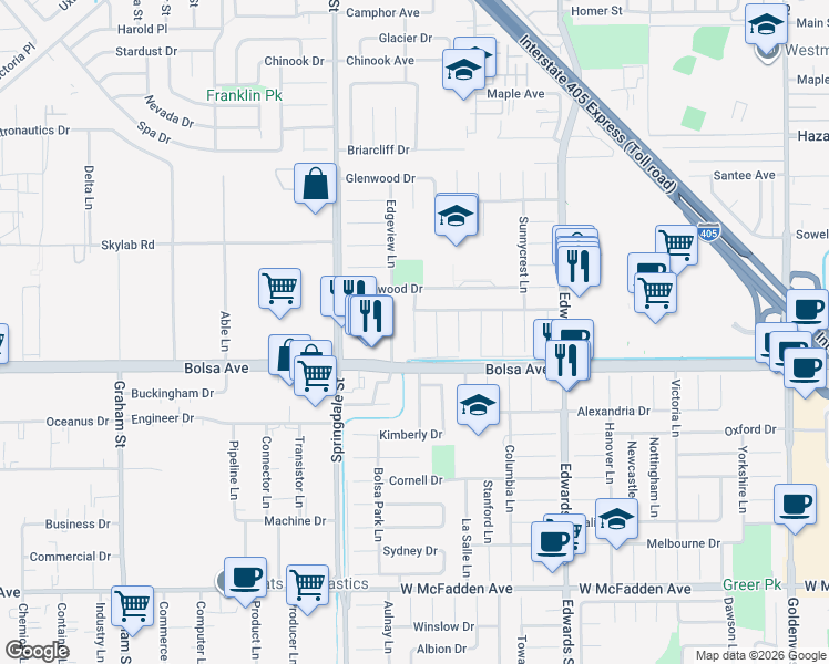 map of restaurants, bars, coffee shops, grocery stores, and more near Northridge Lane in Huntington Beach